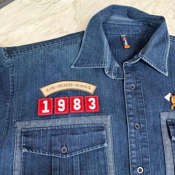 Raw Blue vintage denim short-sleeve button-up shirt with patches Y2K Size 2XL - Picture 4 of 10